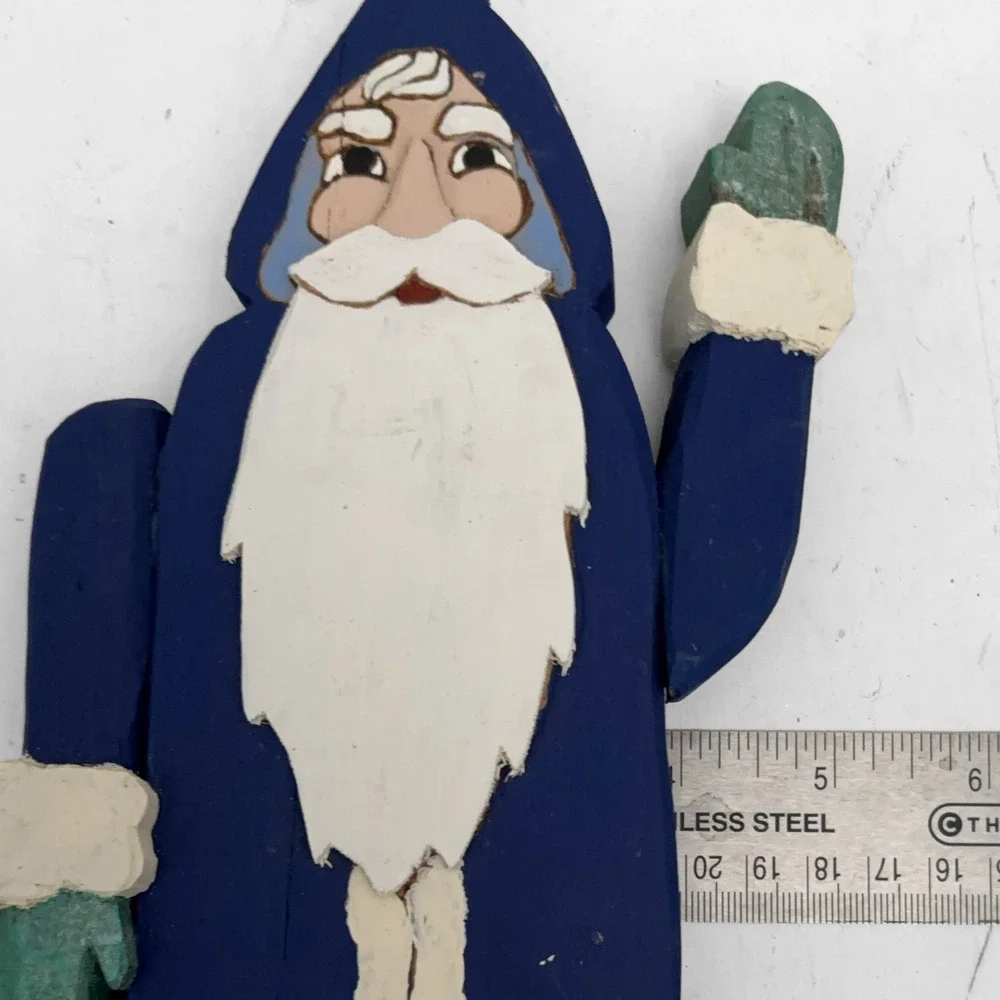 VTG Folk Art Hand Carved Wooden Blue Old World Santa Claus Figurine 12in